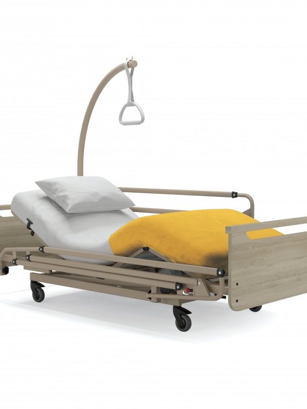 Image d'un lit médicalisé électrique avec un sommier à lattes, fonction de hauteur réglable, relève-buste et relève-jambes électriques, télécommande verrouillable, revêtement Epoxy Bronze, et roues avec freins.
